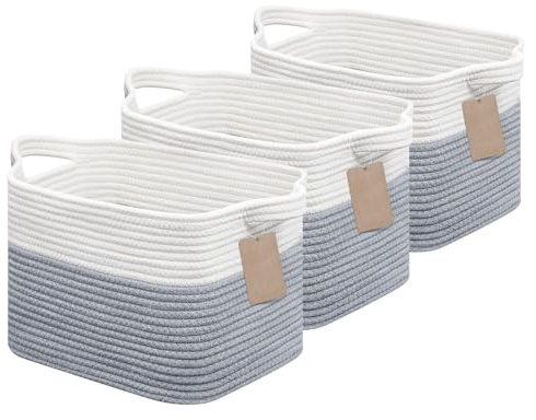 JOJOSEE Small Woven Storage Basket, Cotton Rope Basket for Shelves, Square Shelf Baskets for Home Bathroom Closet Organizer 33x25x22.5cm (White&Grey,3PCS)