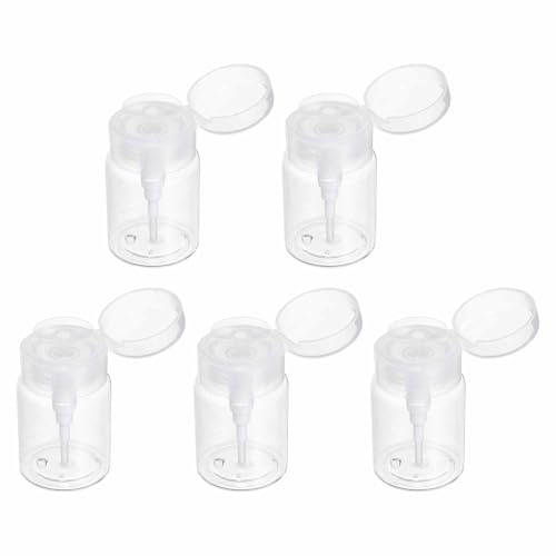 HARFINGTON 5pcs Push Down Pump Dispenser 3.5OZ (100ML) Plastic Nail Polish Remover Pumping Empty Bottle with Round Flip Cap for Makeup Remover Alcohol Facial Toner, Clear