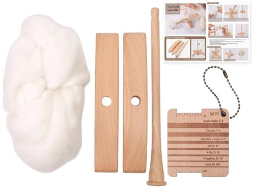 Koolenry Detachable -Shaped Wooden Turkish Spindle-Hand- Yarn Kit Including 50g Wool Roving and Yarn Gauge