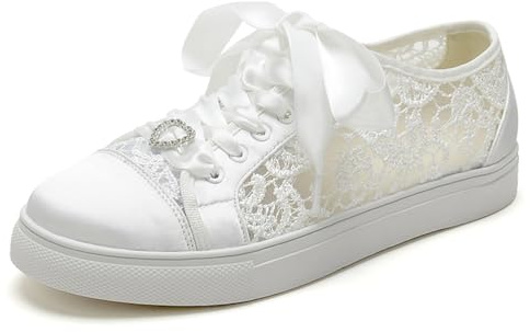 HFWXYSA Scarpe da Sposa Sneakers Flats Scarpe da Tennis da Sposa Fiori Pizzo Sneakers,Bianca,43 EU