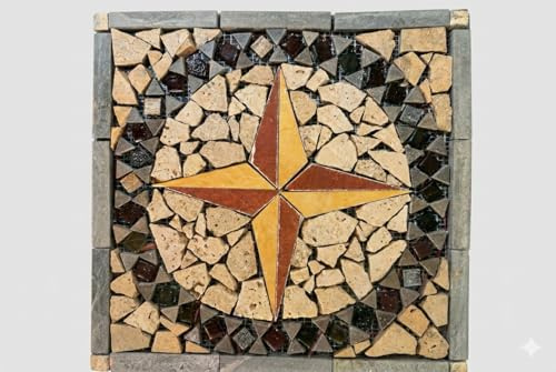 Rosone in Marmo e Travertino, Mosaico Decorativo, 33 x 33 cm, Spessore 1 cm fatto a mano per interni e esterni,