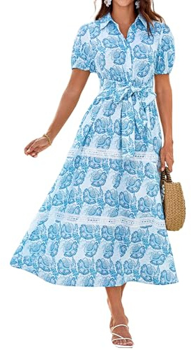 GRACE KARIN Women Summer Short Sleeve Floral Dress Casual Polo Collar Tie Belt Boho Dresses with Pockets Beach Maxi Shirt Dress