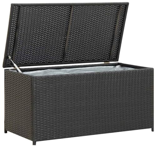 vidaXL Patio Storage Box- Durable Poly Rattan Garden Item Storage, Powder-Coated Steel Frame, Weather, with Waterproof Liner and Easy Assembly, Black Color.
