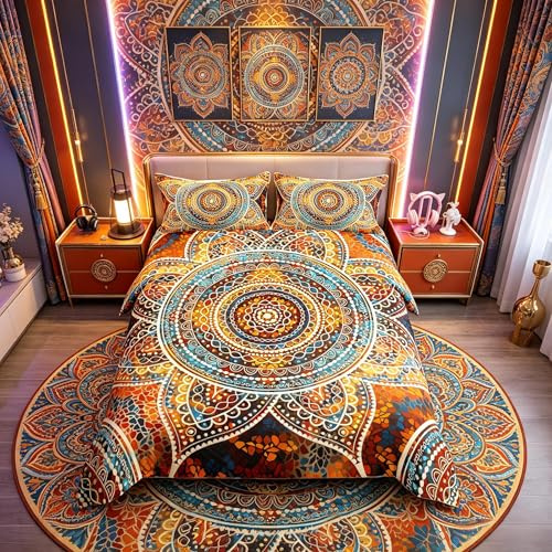Homemissing - Set biancheria da letto bohémien con mandala hippie, motivo floreale esotico, copripiumino in stile bohémien per ragazzi, ragazze, adolescenti, biancheria da letto e lino, matrimoniale