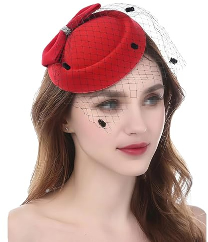 QUUPY Cappello da pillola vintage da donna con fiocco velo clip laterale cappello fascinator fascia per feste rosso