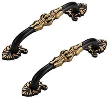 CcHhyyt 2 stycken vintage mässing skåphandtag blommönster antika möbelhandtag metall svart guld möbelknoppar lådhandtag dörrhandtag handtag för köksskåp, låda, skåp (96 mm, svart)