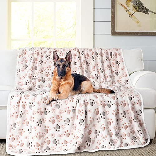 Rezutan Upgraded Dog Blankets for Large Dogs, Dog Cat Blankets Washable 50 x 60, Soft Pet Mat Throw Cover for Kennel Crate Bed, Cute Paw Pattern, Dog Blanket, Pet Blanket （1 Pack White）