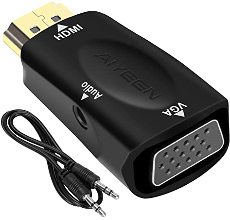 AIYEEN Adaptateur HDMI vers VGA, Adaptateur HDMI mâle vers VGA Femelle 1080p avec Câble Jack Audio 3.5mm Compatible avec Moniteur, Portable, Ordinateur, Projecteur, HDTV, Chromebook et Plus (Noir)