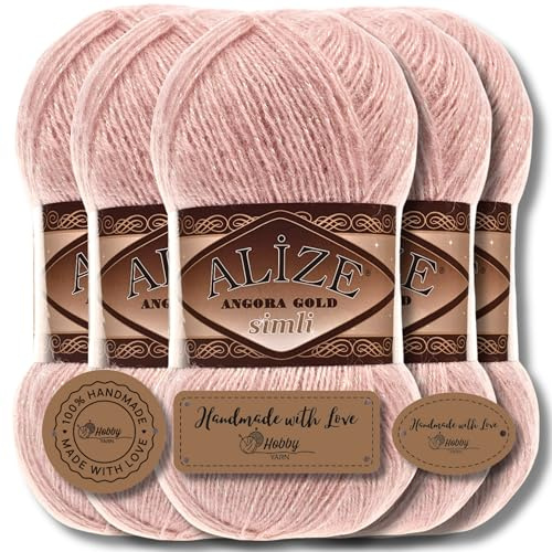 Hobby YARN 3x Etikettenlabel mit Alize Angora Gold Simli Glitzer Wolle Premium 5x100g als Set, Yarn, Garn, Schurwolle, Uni, Strickgarn zum Häkeln, Stricken, Kleidung (Powder - 161)