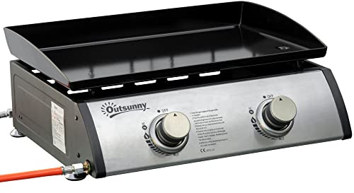 Outsunny Piastra Barbecue a Gas con 2 Bruciatori, BBQ Antiaderente da Tavolo con Piedini Regolabili, Potenza 5kW, 48.5x46x21cm, Nero