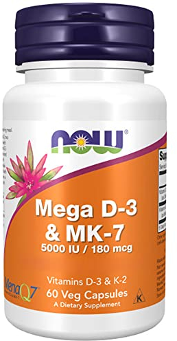 Now Foods Mega D-3 & MK-7, Vitamin D3 und K2, Depot, alle 5 Tage 1 Kapsel, hochdosiert, 60 Kapseln, Laborgeprüft, Glutenfrei, ohne Gentechnik