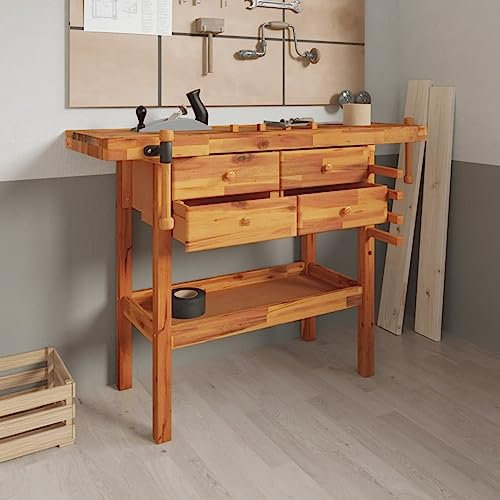 Homgoday Banco Lavoro Cassetti e Morse 124x52x83cm Legno Massello Acacia, Banco Tavolo da Lavoro per Garage Officina
