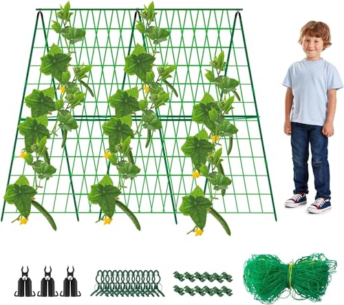 48x48 Inch Garden Cucumber Trellis - A-Frame Climbing Plant Grow Support Stand Trellis with Climbing Net and Plant Support Clip for Outdoor Plants Zucchini Vegetables Tomato Flowers