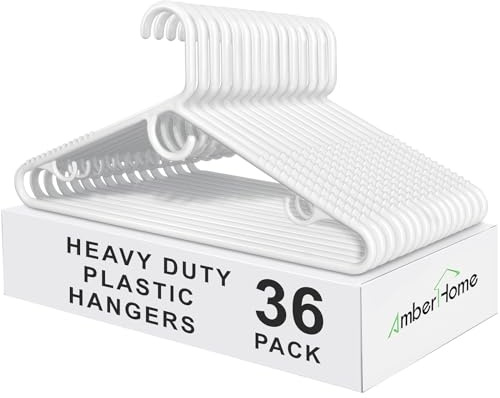 Amber Home 36 Pack Heavy Duty Plastic Hangers, Non-Slip White Clothes Hangers with Pants Bar, Thick Plastic Hangers for Closet Organization, Suit, Shirt, Coat & Jacket