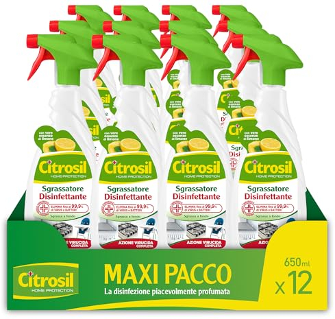 Citrosil Sgrassatore Disinfettante, Azione Virucida Completa, Elimina Fino al 99,9% di Virus e Batteri, Essenze di Limone, 650 ml x 12 Confezioni