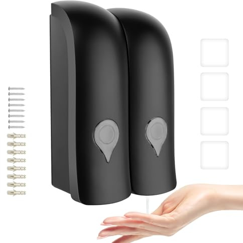 2 x 300ml Dispenser di Sapone Manuale Doppia Testa, Supporto per Shampoo Liquido ABS Ricaricabile Dispenser Sapone per montaggio a parete, sapone da bagno, Per Cucina Bagno Ufficio Hotel Nero
