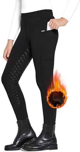 FitsT4 Sports WinterReithose Kinder Winter Reitleggings Mädchen Silikon Vollbesatz Thermo Reithose mit Handytasche und Taschen,Schwarz,XS