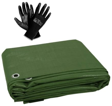 1.5 x 2 m Tarpaulin Cover - Green 90GSM - Waterproof, Weatherproof, Frost-Resistant, UV Protection, Multipurpose, Universal Groundsheet and Pair of Work Gloves