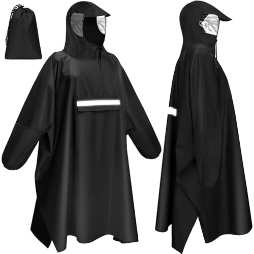 Faneam Poncho de Pluie pour Adulte Imperméable Réutilisable Poncho Pluie Vélo avec Fenêtre de Vue, Bandes Réfléchissantes Cape de Pluie Unisexe pour Vie Quotidienne Cyclisme Randonnée Pêche (Noir)