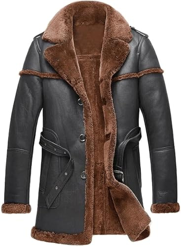 Harocks Men's Mid-Length Long Sheepskin Leather Safari Style Coat with Shearling Fur Lining Duffle Leather Coat (US, Alpha, X-Large, Regular, Regular, Black-Black Fur)