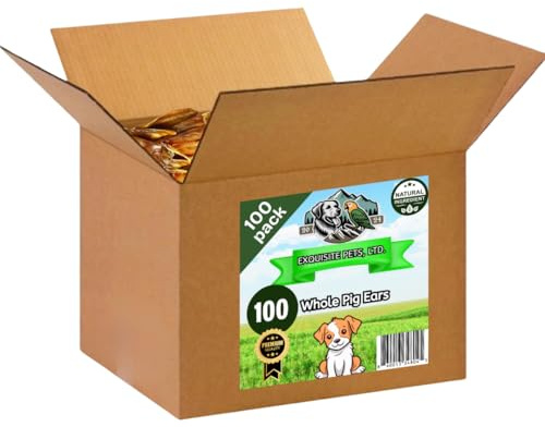 Exquisite Pets 100-Pack of Roasted Pig Ears for Dogs-Bulk All Natural, Brazilian Single-Ingredient Chews! Safe & Digestible-Full-Size Ears! Cleans Teeth & Gums. Aggressive Chewers. Treats for Dogs