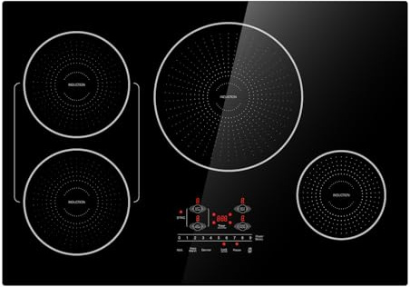 BIGoods 30 Inch Induction Cooktop 4 Burners, Flat Glass Top Electric Stove Hob with Bridge-SYNC, 3 Preset Modes Booster, Timer, Pause, Child Lock, Drop in, 208~240V/40A, Black