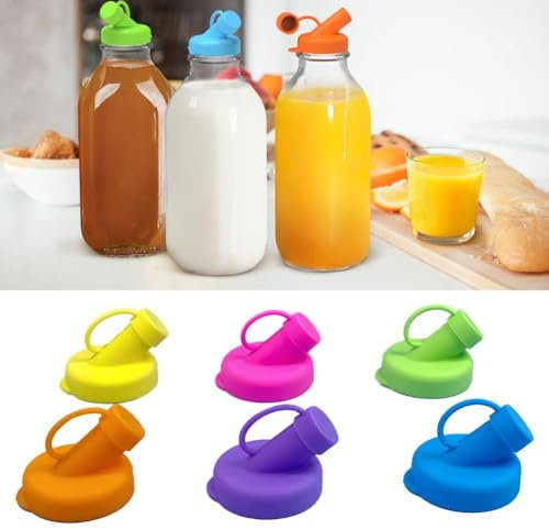 6PCS Silicone Milk Bottle Dispenser Caps,Glass Milk Bottle Reusable Top,Glass Milk bottle Pourer Top, Diameter Pour Spout Lids,Leakproof Pouring Cover For Tea Drinks Container