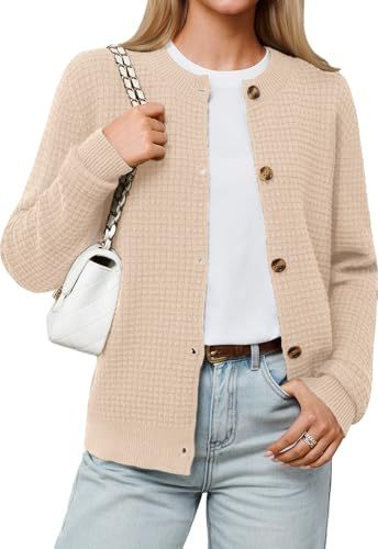YUNDAI Womens Knit Cardigan Long Sleeve Button Down Crew Neck Sweater Top