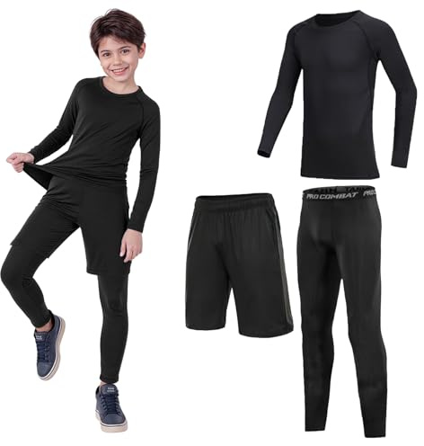 Ensemble de sous-vêtements Thermiques garçons Fiorios, Haut à Manches Longues et Leggings doublés en Polaire pour Le Football, Le Ski (Ensemble 3 pièces Black Line, 12-13 Ans ; Taille 30)