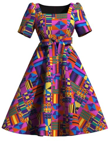 XUHOGU Robe midi Femme imprimé Ankara, col carré, Manches Courtes, ceinturée, Robe A-Ligne en Tissu Wax Africain (FR/ES, Alpha/Lettres, L, Taille Normale, Taille Normale, FP6518)