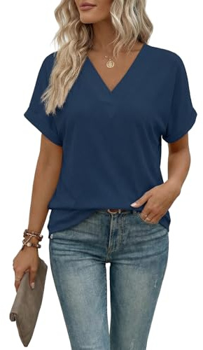 Zidoley Summer Tops for Women UK V Neck T Shirts for Women UK, Womens Casual Short Sleeve Tops, Ladies Fashion Tshirts Blouses, Womens Summer Top Clothes (UK, Alpha, L, Regular, Regular, Blue)