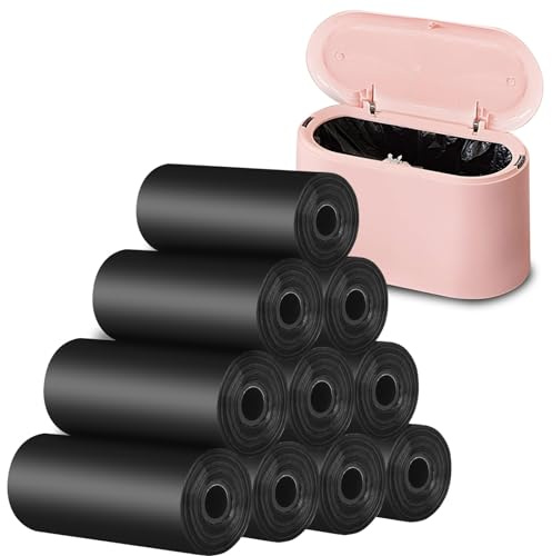 KOMABLEN Sacchetti Spazzatura Mini 10 Rotoli, 150 Pezzi Piccoli Sacchi per Immondizia Antistrappo Antigoccia per Auto Ufficio Bagno, Inodori per 2L Pattumiera da Tavolo, 14x31cm Neri