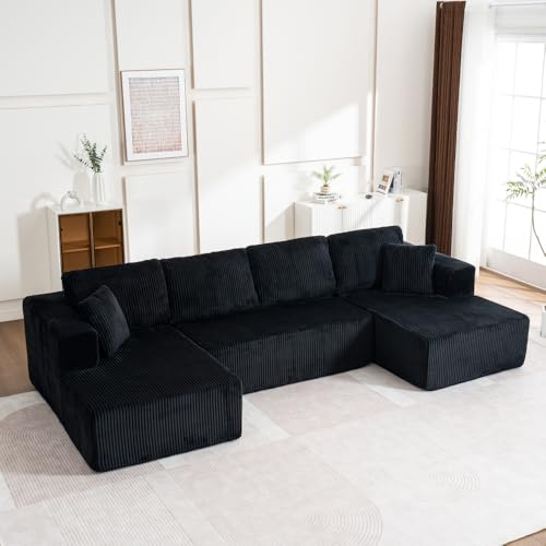 MUZHIXIANG Boneless Cloud Soffa för vardagsrum, modulär U-formad soffa utan montering, förlängningsfunktion för vardagsrum (svart + Corduroy + 3 säten + skum)