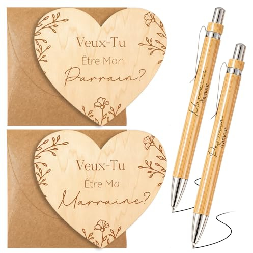 Faccito 6Pcs Cadeau Parrain Marraine Demande Veux-Tu Être Ma Marraine Veux Tu Être Mon Parrain Carte de Coeur avec Enveloppe Stylo à Bille en Bois pour Baptême, Confirmation, Annonce de Grossesse