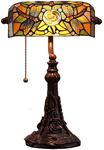 Bieye L10308 Dragonfly Tiffany Style Stained Glass Banker Desk Table Lamp with 10-inches Wide Lampshade for Reading Working, 16 inches Tall (Amber)