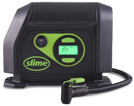 Slime 40088 Tire Inflator, Portable Car Air Compressor, Inflate Right automatic shut off, with Digital 99 psi Display, Long Hose and LED Light, 12V, 6 min inflation