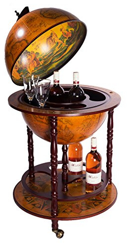 Birendy Chariot de Bar géant 45001R - en Bois d'eucalyptus Massif - avec roulettes - Marron Vieilli - Dimensions 112 cm de Haut et 56 cm de Large - avec Globe terrestre Antique - Table de Bar