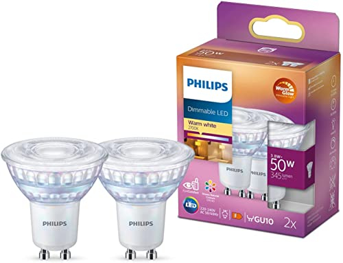 Philips LED classic WarmGlow Lampe 50W, GU10, Doppelpack, hohe Farbwiedergabe (RA90), warmwei脽 (2200 - 2700K), 345 Lumen, dimmbar
