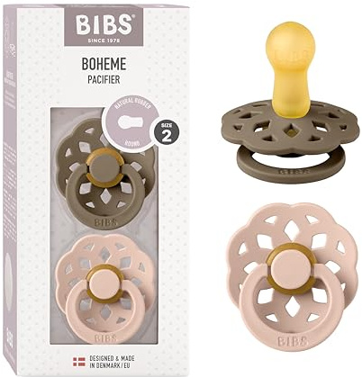 BIBS Boheme Soother 2-Pack. BPA Free, Round Nipple. Natural Rubber Latex, Made in Denmark. Size 2 (6-18 Months), Dark Oak/Blush