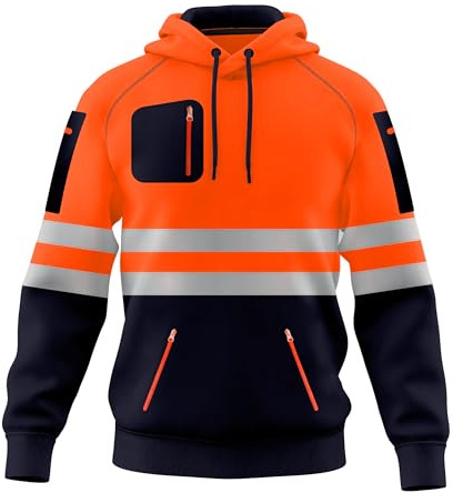 TORO ACTIVA Mens Hi Vis Work Wear Pullover Hoodie Safety Sweatshirt Reflective Tape High Viz Hoodie High Visibility Sweatshirt Top Multi Zipper Pockets S-2XL