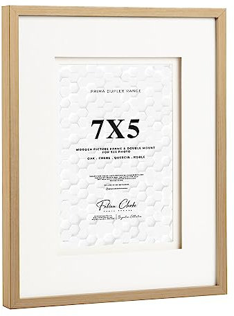 Fabian Clarke London® Oak Colour Wooden Picture Photo Frame with Off White Double Mount to Hang Portrait or Landscape (7x5)