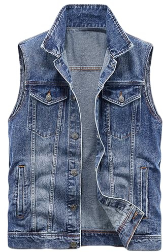 Youthful flying Gilet di Jeans Uomo Senza Maniche Giubbotto Denim Retro Vintage Giacca da Moto Fotografia Caccia(Size:M,Color:Deep Denim)