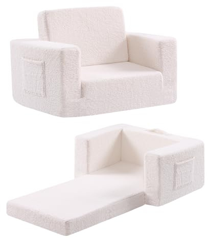 Givjoy Toddler Chair Sherpa Kids Couch, 2-in-1 Soft Kids Armchair Lounger for Bedroom, Convertible Sofa for Girls and Boys, Child Reading Chair for Playroom, Living Room, Pet, Beige