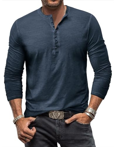 YawYews Långärmad tröja för män, henley-t-shirt för män, vardaglig bomullströja, farfarströja i vintagestil, långärmad t-shirt med knappar, storlek M-3XL