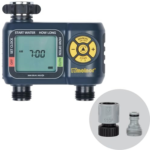 Melnor 65139AMZ AquaTimer digital slangtimer, 2-zoners programmerbar bevattningstimer, snabbanslutningspaket, svart, gul
