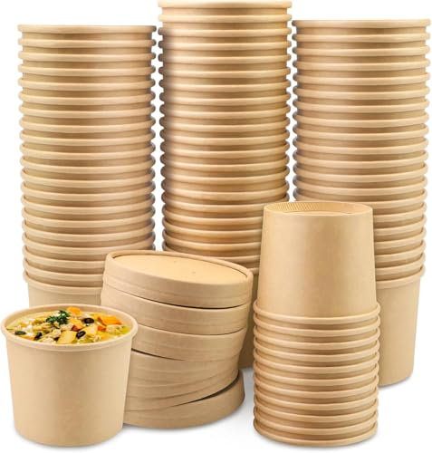 ECONX Disposable Soup Containers with Lids Paper Bowl Brown Kraft Takeaway Paper Soup Cups Takeaway Tubs for Hot or Cold Food Ice Cream, Dessert, Sundae, Frozen Yogurt, Deli Containers (25, 12oz)