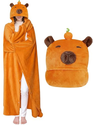 MSISILY - Manta con capucha de gran tamaño, manta de forro polar suave, Capybara para adultos y niños, Naranja, 160x130cm