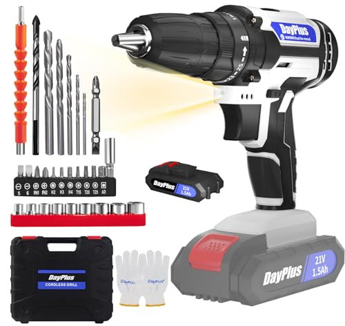 Cordless Electric Drill Driver Kit, 21V With 1500 mAh Battery, 2 Variable Speeds, 25+1 Torque Rating, 45N.m Max, LED Light, 29 Accessories for Home and DIY