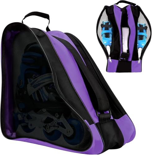 Gkstly Roller Skate Bag, Breathable Oxford Tote, 3-Compartment, Adjustable Shoulder Strap & Top Handle, Fits Most Skates, Black & Purple