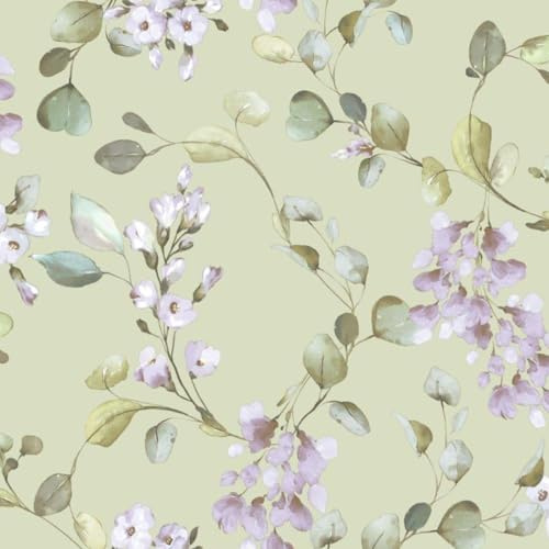 Rosalie Lilac Sage Green Wallpaper - Blossom Flowers Leaves - Wet Removable - Paste The Paper